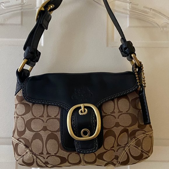 Small Brown Coach Baguette Bag In Signature Canvas Flap Buckle Signature Purse - Picture 4 of 5